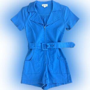 Day + Moon Blue Belted Romper Size Small Zip Front Utility Style